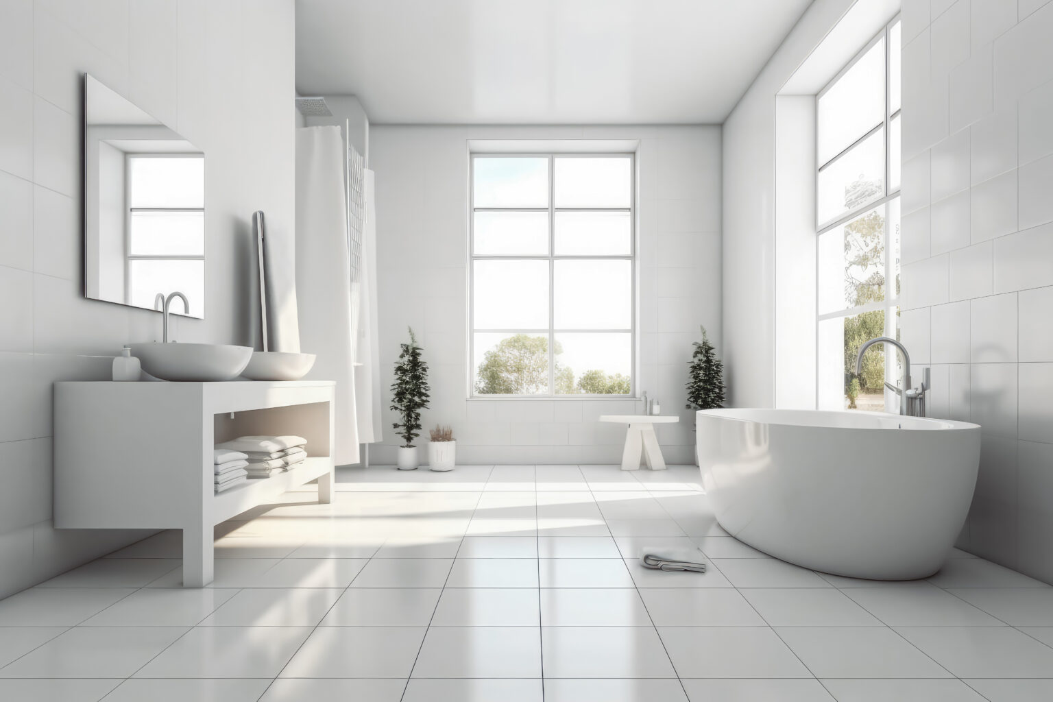 Modern minimal style white bathroom 3d rendering image. Open space bright modern bathroom with big window and nature view. Generative AI