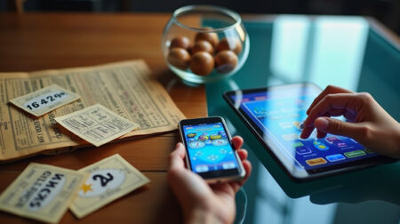 Hands using a smartphone and tablet for digital lottery games next to vintage paper lottery tickets and wooden lottery balls
